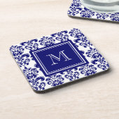 Uw monogram, Navy Blue Damask Pattern 2 Onderzetter (Linkerzijde)