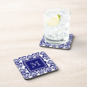 Uw monogram, Navy Blue Damask Pattern 2 Onderzetter (Rechterzijde)