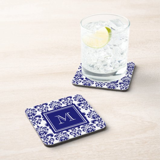 Uw monogram, Navy Blue Damask Pattern 2 Onderzetter (Rechterzijde)