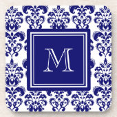 Uw monogram, Navy Blue Damask Pattern 2 Onderzetter (Voorkant)
