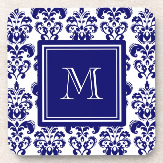 Uw monogram, Navy Blue Damask Pattern 2 Onderzetter (Voorkant)