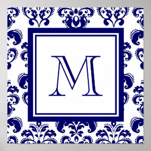 Uw monogram, Navy Blue Damask Pattern 2 Poster