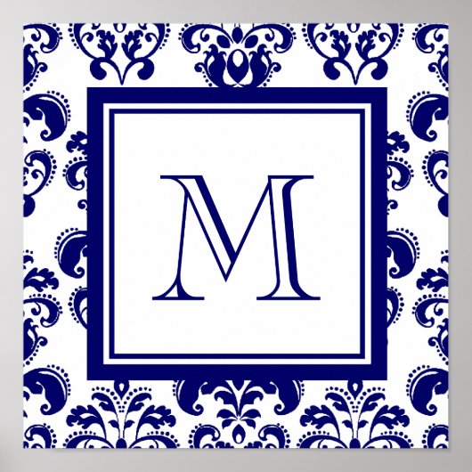Uw monogram, Navy Blue Damask Pattern 2 Poster (Voorkant)