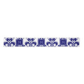 Uw monogram, Navy Blue Damask Pattern 2 Satijnen Lint (Voorkant)