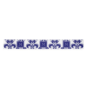 Uw monogram, Navy Blue Damask Pattern 2 Satijnen Lint