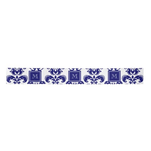 Uw monogram, Navy Blue Damask Pattern 2 Satijnen Lint (Voorkant)
