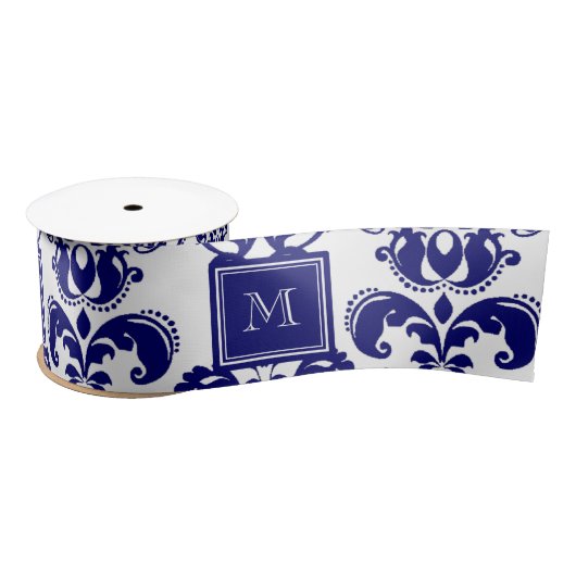 Uw monogram, Navy Blue Damask Pattern 2 Satijnen Lint (Spoel)