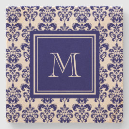 Uw monogram, Navy Blue Damask Pattern 2 Stenen Onderzetter