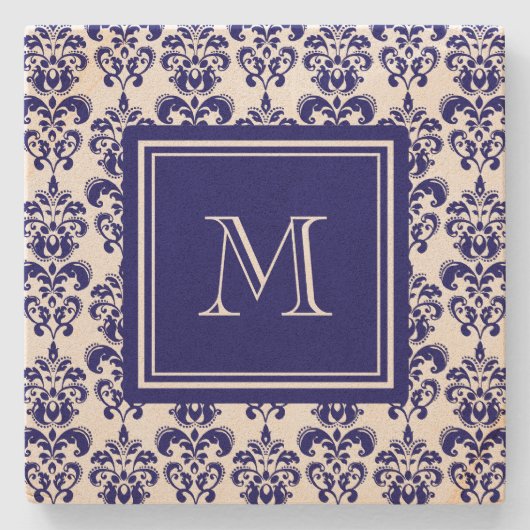Uw monogram, Navy Blue Damask Pattern 2 Stenen Onderzetter (Voorkant)