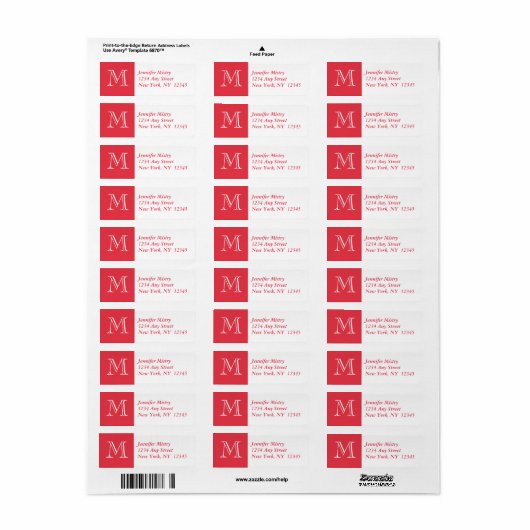Uw monogram, rood wit retour adres label (Full Sheet)