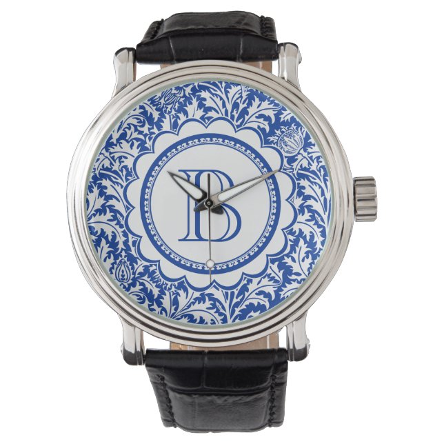 Uw Monogram William Morris Blue en White Horloge (Voorkant)