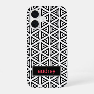 Uw naam knapperig driehoekig zwart-witpatroon iPhone 16 hoesje