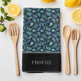 Uw naam op elegante retro blauwe paisley patroon theedoek