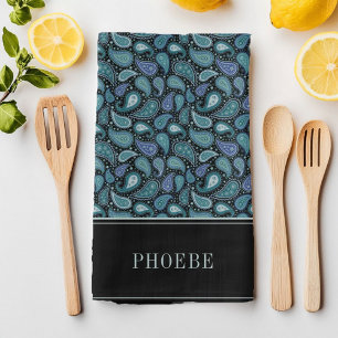 Uw naam op elegante retro blauwe paisley patroon theedoek