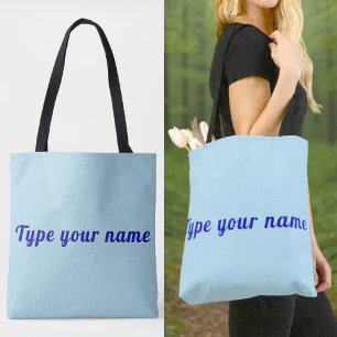 Uw naam op lichtblauwe boodschappentas tote bag