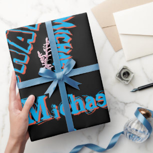 Uw naam patroon monogram blauwe rode zwarte kleur cadeaupapier