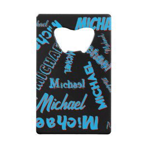 Uw naam patroon monogram blauwe rode zwarte kleur creditkaart flessenopener