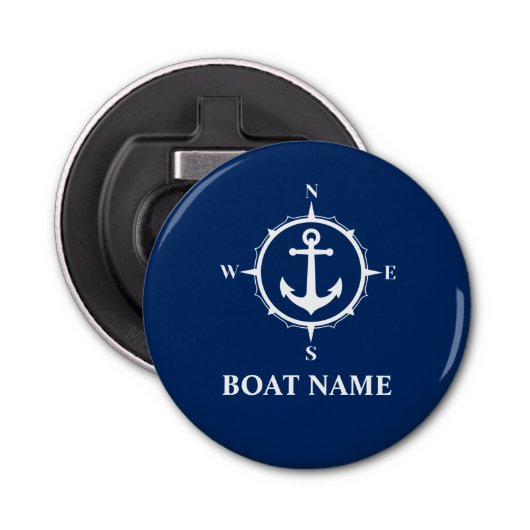 Uw naam van de boot compass Anchor Blue Button Flesopener (Voorkant)