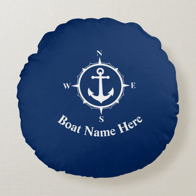 Uw naam van de boot met de bruine Anchor Navy Blue Rond Kussen (Voorkant)