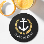 Uw naam van de tas Anchor Gold Laurel Star Black Ronde Kartonnen Onderzetter<br><div class="desc">Een nautische,  gepersonaliseerde set ronde papieren onderzetters met uw bootnaam,  familienaam of andere gewenste tekst. Met een speciaal ontworpen  bootanker,  gouden laurelbladeren en sterembleem op zwart of pas de primaire kleur eenvoudig aan om aan te passen aan het huidige thema.</div>