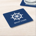 Uw naam van het schip verzendt wiel Helm Navy Blue Kartonnen Onderzetters<br><div class="desc">Uw gepersonaliseerde bootnaam geeft u een stuurhelm op marineblauw  vierkant papier Onderzetters.</div>