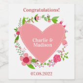 Uw namen en aangepaste tekst in een bloeiend hart wijn etiket (Enkel label)