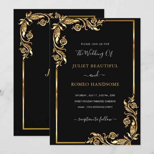 Uw ontwerp Black Gold bruiloft uitnodiging voorbee (Voorkant / Achterkant)