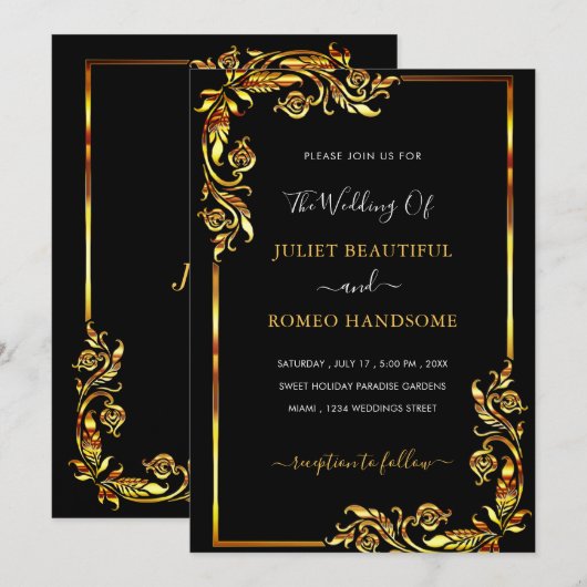 Uw ontwerp Black Gold Wedding Invitation Sjabloon (Voorkant / Achterkant)