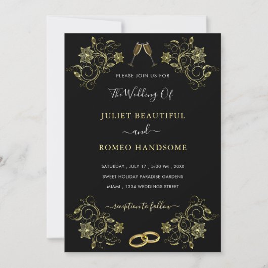 Uw ontwerp Black Gold Wedding Invitation Sjabloon (Voorkant)