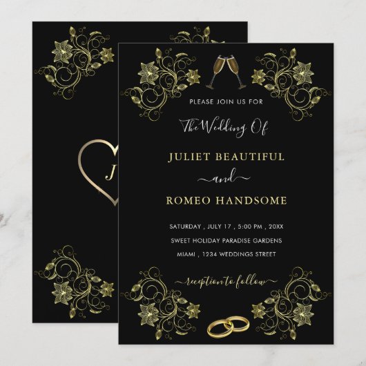 Uw ontwerp Black Gold Wedding Invitation Sjabloon (Voorkant / Achterkant)
