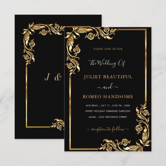 Uw ontwerp Black Gold Wedding Invitation Sjabloon (Voorkant / Achterkant)
