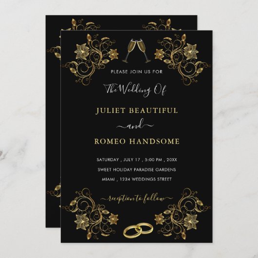 Uw ontwerp Black Gold Wedding Invitation Sjabloon (Voorkant / Achterkant)