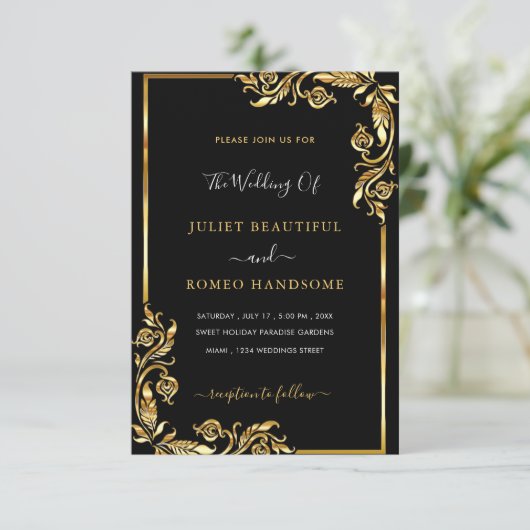 Uw ontwerp Black Gold Wedding Invitation Sjabloon (Staand voorkant)