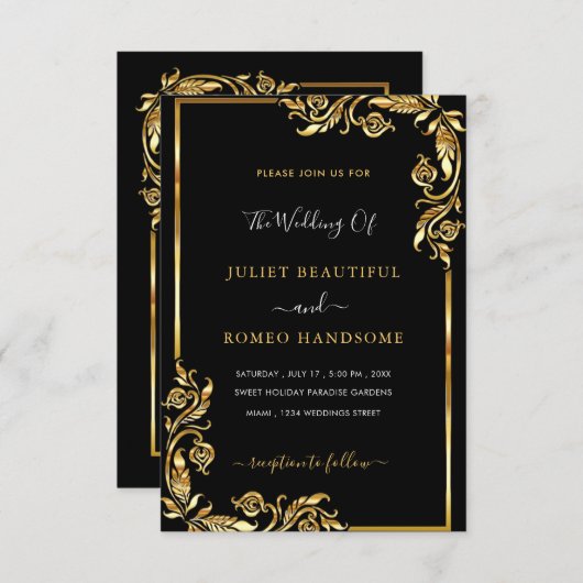 Uw ontwerp Black Gold Wedding Invitation Sjabloon (Voorkant / Achterkant)