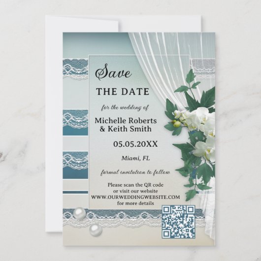 Uw Photo QR Code Beach Orchid Save the Date Kaart (Achterkant)