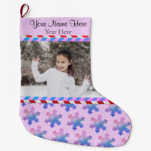 Uw Pic/Text Pink Blue Stripes Glitter Snowflake Grote Kerstsok