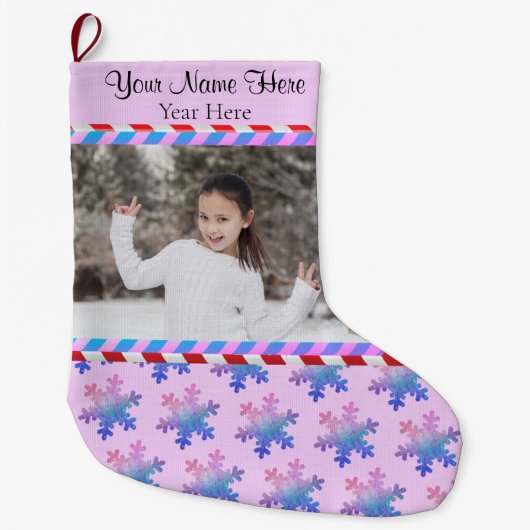 Uw Pic/Text Pink Blue Stripes Glitter Snowflake Grote Kerstsok (Voorkant)