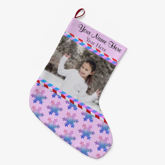 Uw Pic/Text Pink Blue Stripes Glitter Snowflake Grote Kerstsok (Voorkant (Hangend))