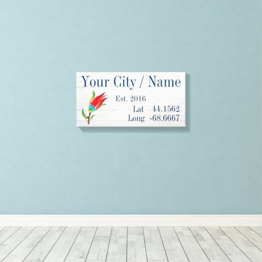 Uw plaats of familienaam Latitude en Lengtegraad Canvas Afdruk (Insitu (Houten vloer))