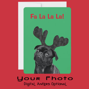 Uw Pug Dog Foto met Digitale Antlers Groen Feestdagenkaart