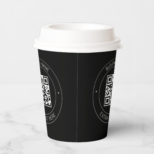 Uw QR-code & bewerkbare tekst | Zwart-wit Papieren Bekers (Rechts)