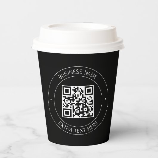 Uw QR-code & bewerkbare tekst | Zwart-wit Papieren Bekers (Voorkant)