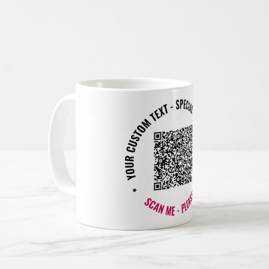 Uw QR Code Coffee Mok met aangepaste tekst en kleu (Voorkant links)