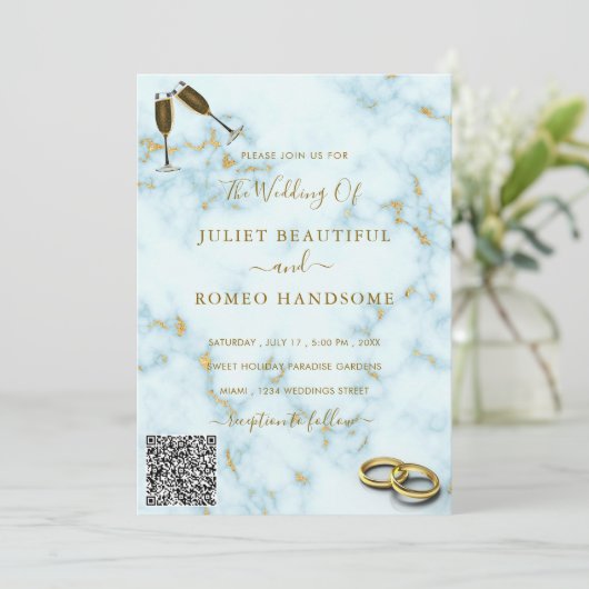 Uw QR Code Goud Wit Marmer Bruiloft Uitnodiging (Staand voorkant)