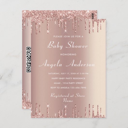 Uw QR-code Roos Gold Baby Girl Shower Briefkaart (Voorkant / Achterkant)