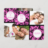 Uw Roze Damask Foto Collage slaat de datum op Save The Date (Voorkant / Achterkant)