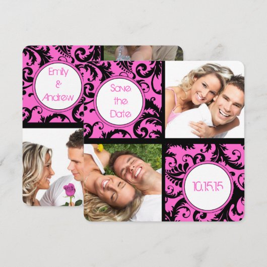 Uw Roze Damask Foto Collage slaat de datum op Save The Date (Voorkant / Achterkant)