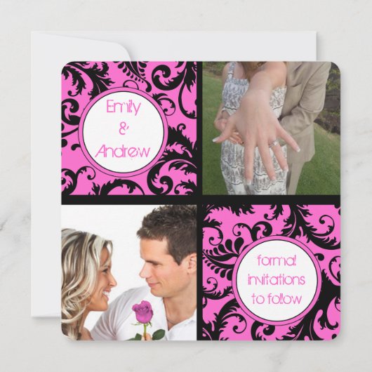Uw Roze Damask Foto Collage slaat de datum op Save The Date (Achterkant)