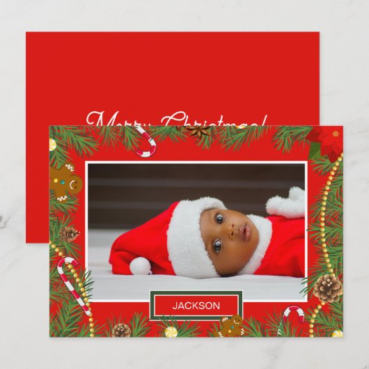 Uw Schattigee Baby Foto Rode Lijst Kerst Kaart (Voorkant / Achterkant)