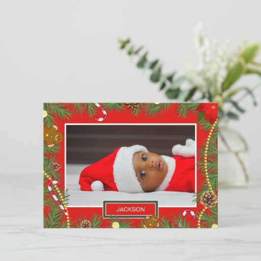 Uw Schattigee Baby Foto Rode Lijst Kerst Kaart (Staand voorkant)